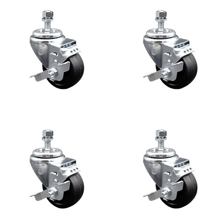 Service Caster 3.5 Inch SS Soft Rubber Wheel Swivel 3/8 Inch Threaded Stem Caster Set Brake SCC SCC-SSTS20S3514-SRS-TLB-381615-4